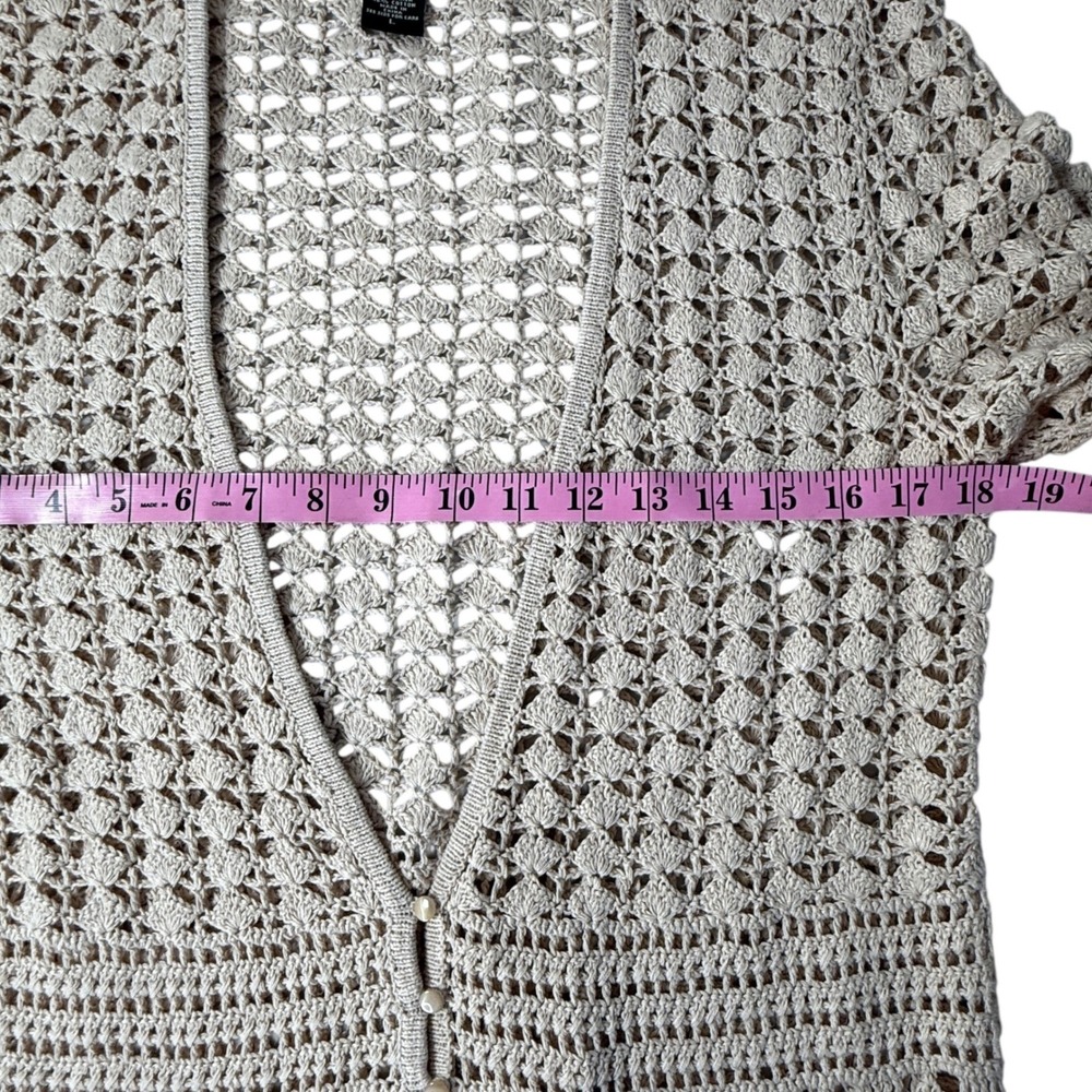 Eddie Bauer Women Beige Hand Crocheted Linen Cotton Cardigan Sweater Size L Boho - Picture 4 of 9